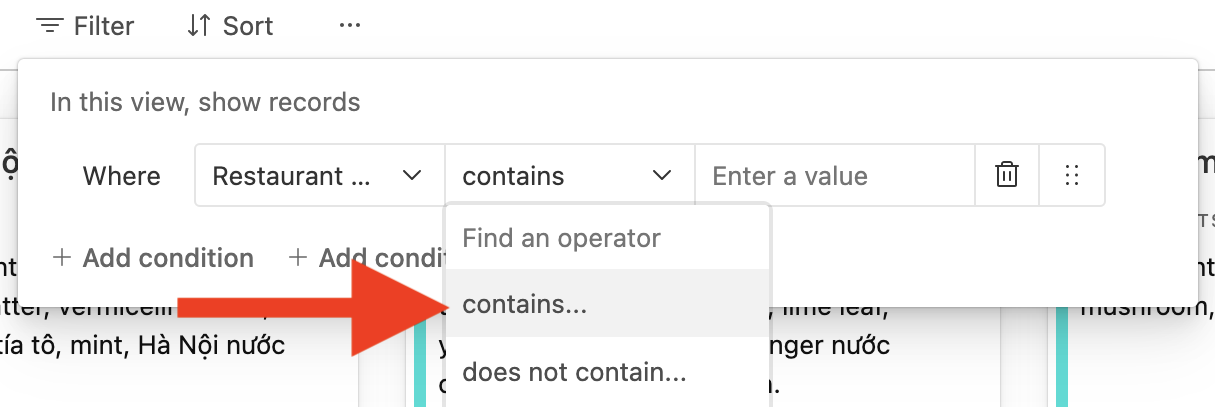 Cropped screenshot of the 'Lettuce Eat' filtering platform, with the search filter dialogue open, with a dropdown of all the operation options and a red arrow pointing to the option that says 'contains'.